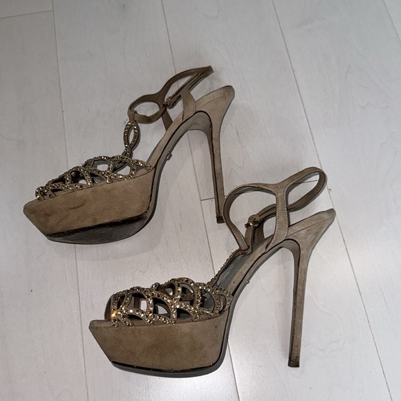 Sergio Rossi Beige Suede Rhinestone Embellished Platform Stiletto Sandals - Picture 4 of 4